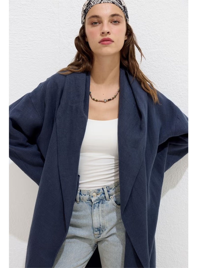 Manuka Hooded Linen Trench Coat Navy Blue - Image 2